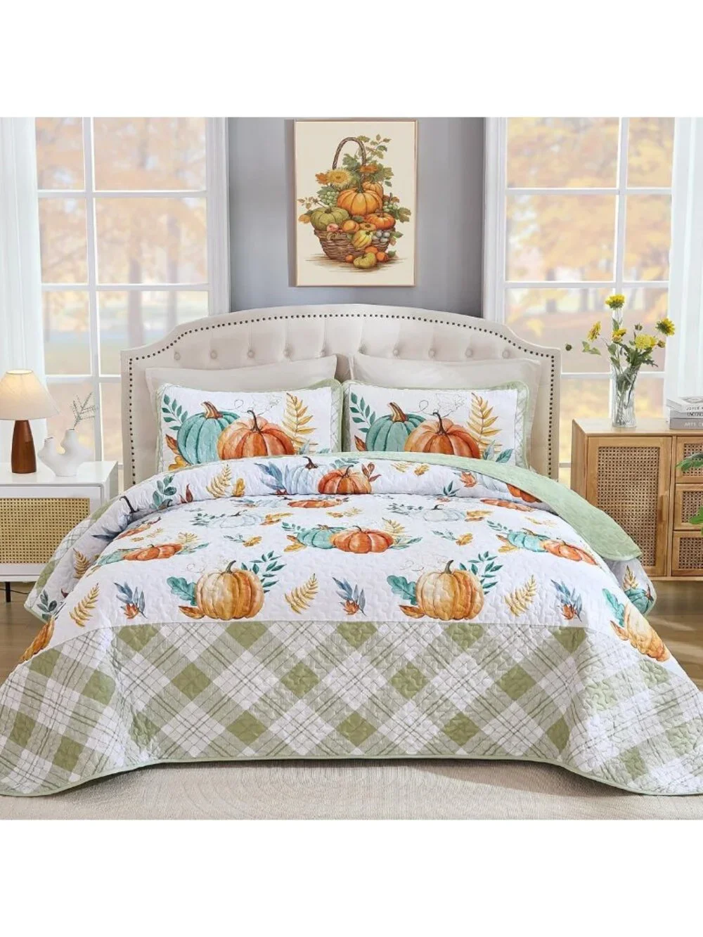 Cozy Fall Quilt Set Queen, Pumpkin Patchwork Bedspread, Sage Green Home Decor